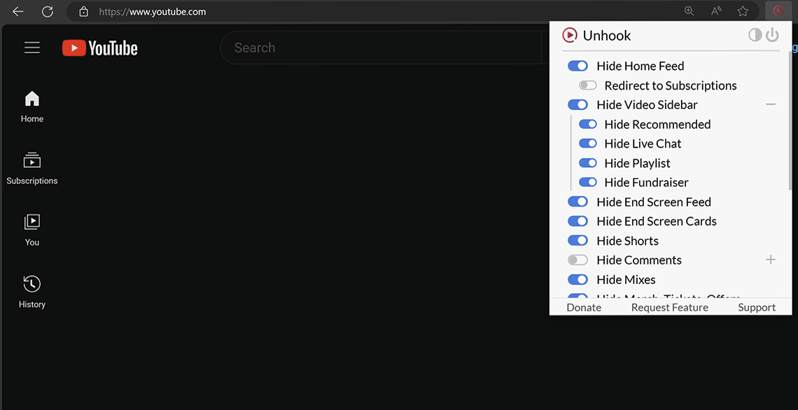 Unhook on my YouTube: home feed gone, recommendations gone, shorts gone, just what I chose to watch
